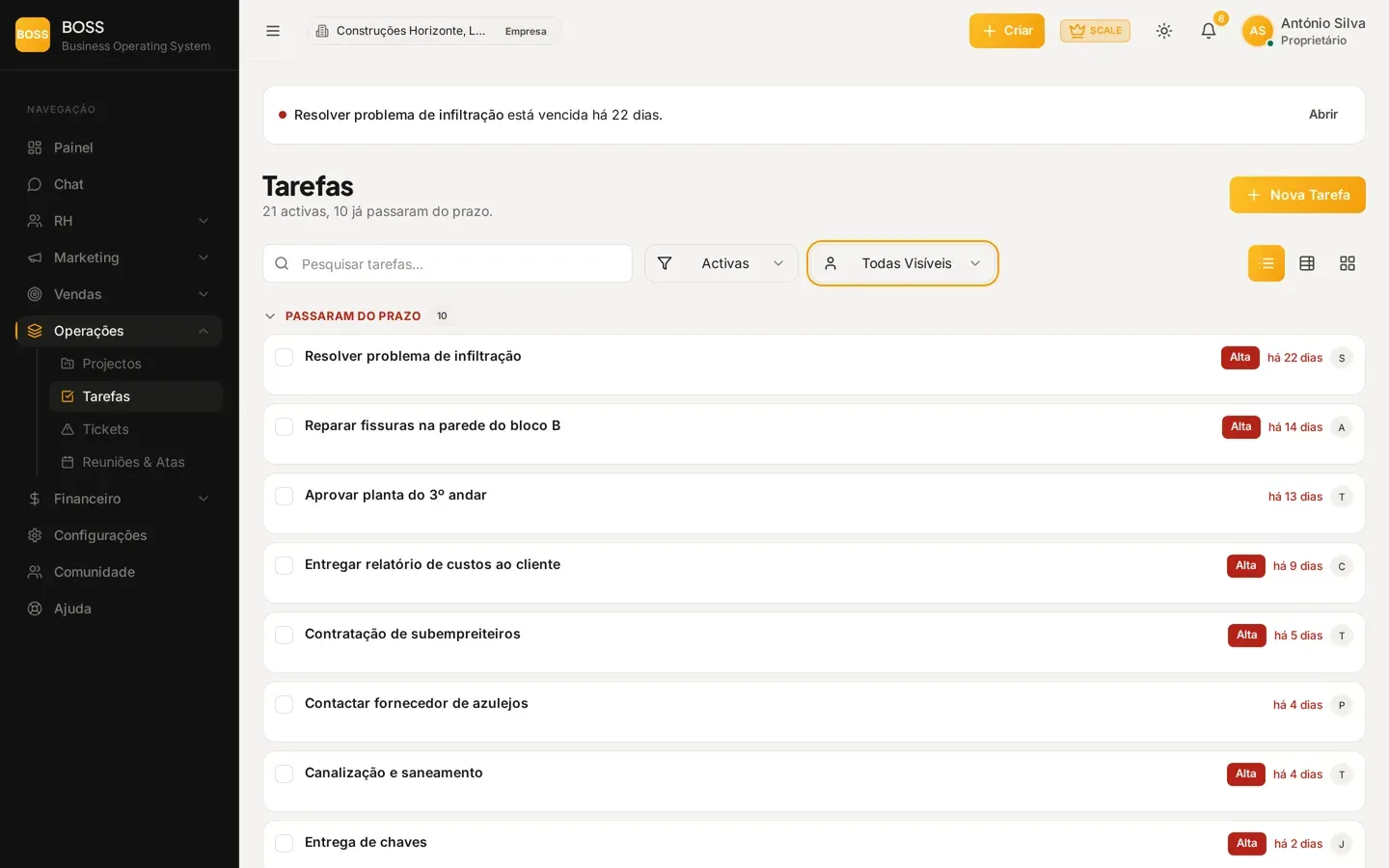 Lista de tarefas do BOSS com prioridade, prazo e responsável atribuído